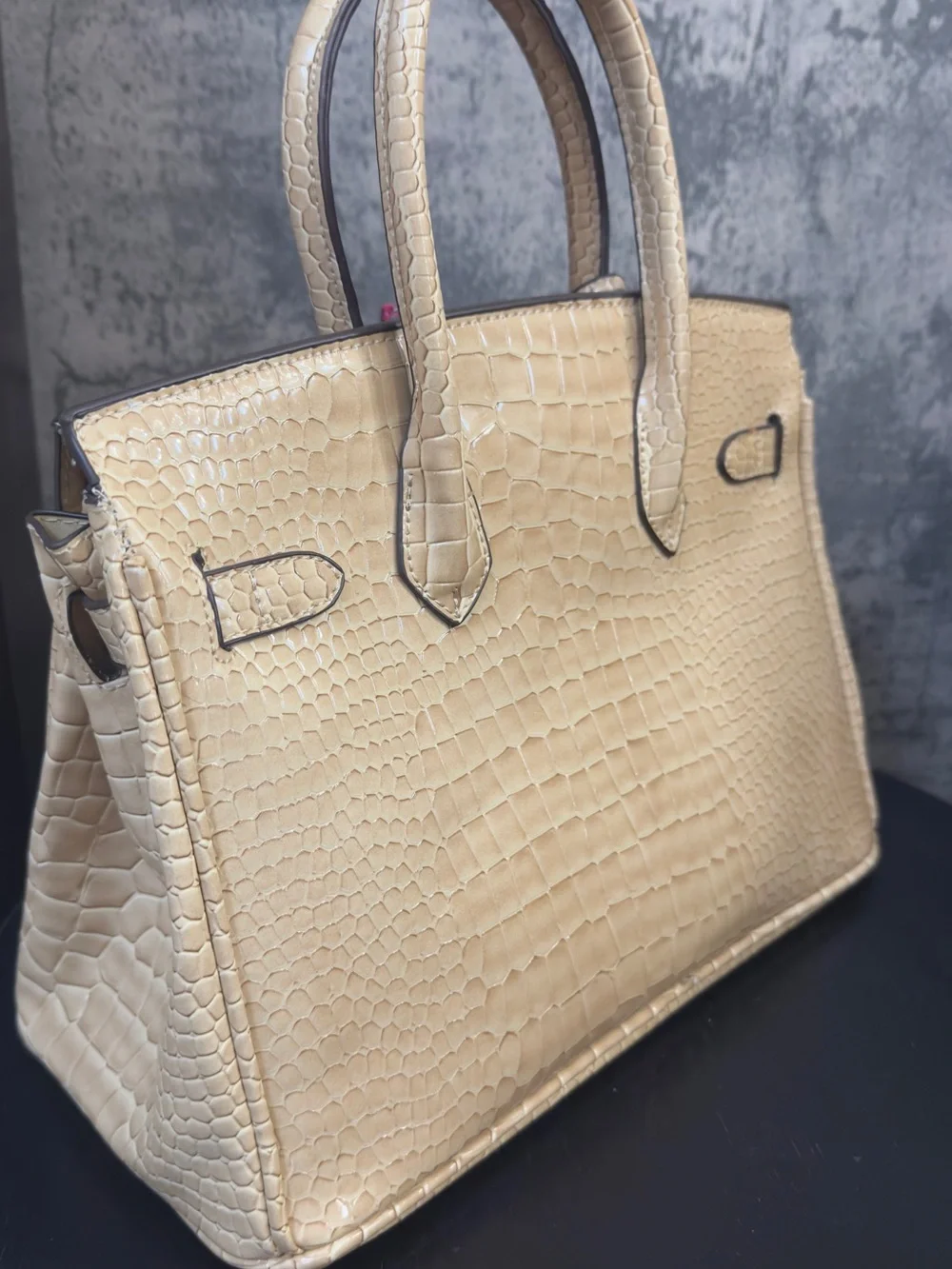 Cream Croc-Embossed Tote Bag with Gold Hardware